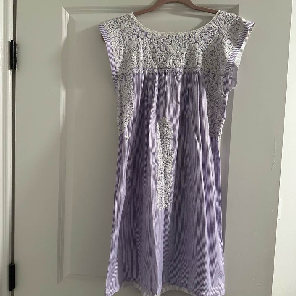 Mi Golondrina purple and white stripe mini dress